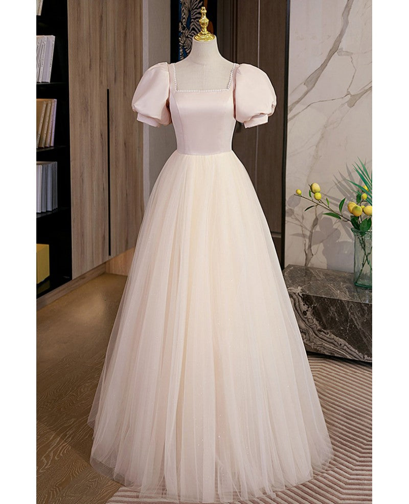 Simple and elegant red pink square neckline fluffy short sleeved ball dress with red pink A-shaped princess backless strap and ground length prom dress